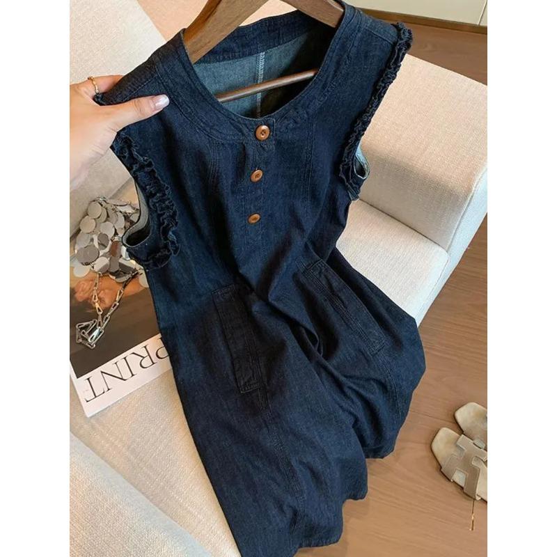 Women Denim Sleeveless Jumpsuit Ruffle Trim Button Front Romper S