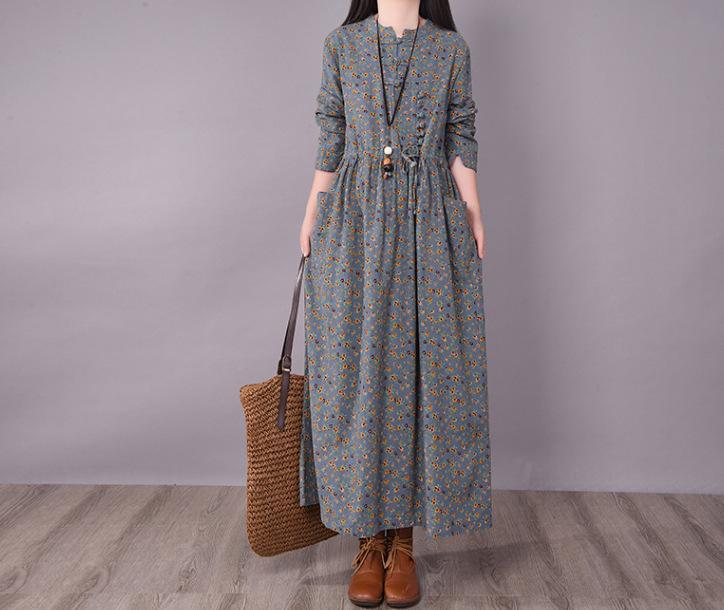 Loose Women's Floral Lace Up Cotton and Linen Dress