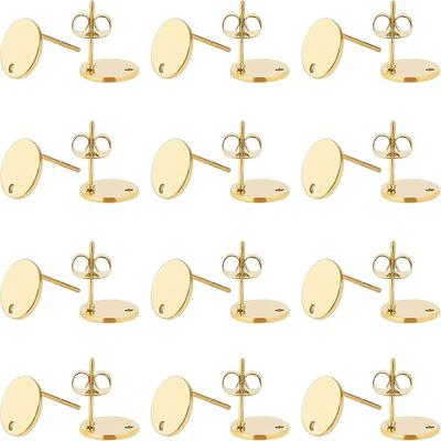 PVD Vacuum Plating 304 Stainless Steel Stud Earring Findings Long-Lasting Plated with Flat Plate Flat Round Golden 12mm Hole: 1.4mm Pin: 0.8mm