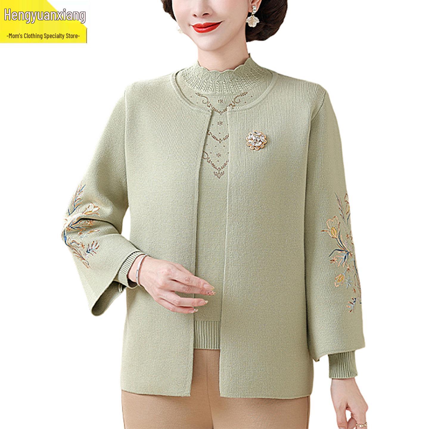 

Hengyuanxiang Осенний Модный Свитер Кардиган и Вязаный Вышитый Комплект из Двух Предметов для Женщин Среднего и Пожилого Возраста M (85-100 Jin)