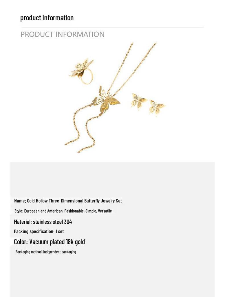 18K Gold Plated Titanium Jewelry Set: Pull-out Butterfly Necklace, Tassel Earrings, Luxury Studs, and Sweater Chain Ring