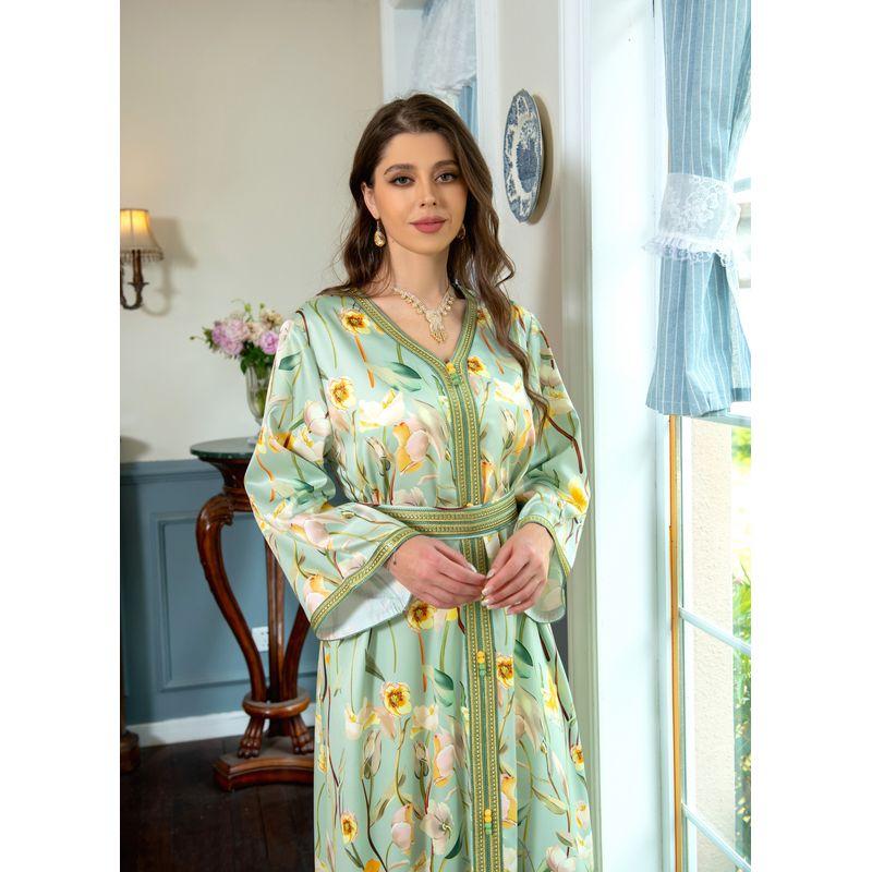 23 Middle East Elegance Robe Ribbon Stitching Printing Belt French Retro Arabic Plus Size Dress Dress