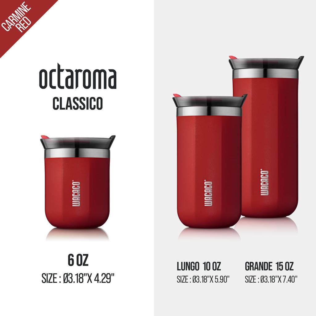 WACACO Octaroma Classico Vacuum Insulated Coffee Stainless Steel Travel Cup with Drinking 6 fl oz Carmine Red Cup, Double-Walled Lid, (180 ml),