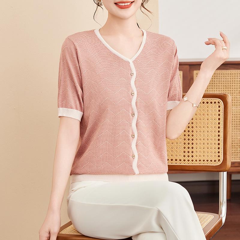 

Elegant Ice Silk Mom s Summer Blouse - Short-Sleeved, Stylish & Trendy 2026 Mother s Day Gift L (recommended 80-100 jins) помаранчево-рожевий