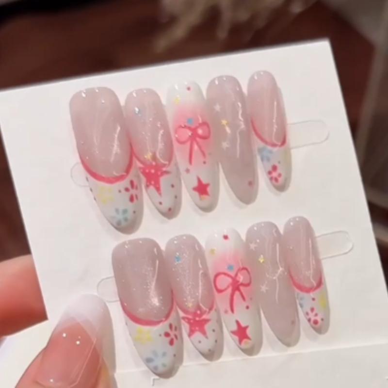 10Pcs Handmade Long Almond Fake Nails with Pink Cat Eye & 3D Bow Details XS