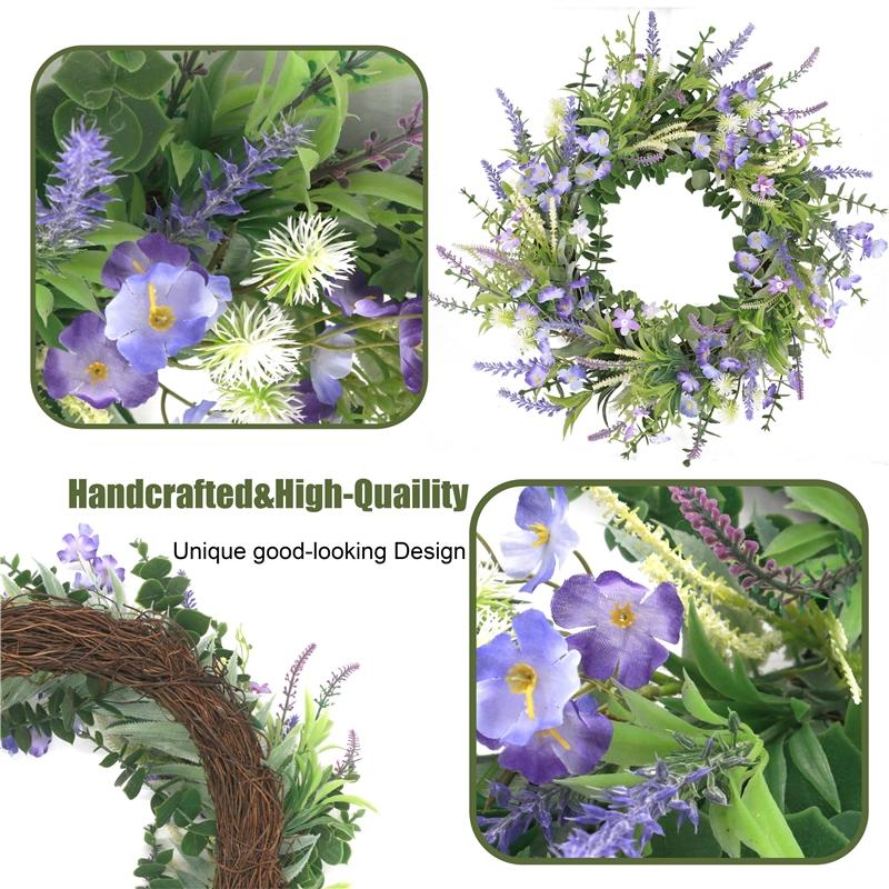 Artificial Spring Summer Wreath for Front Door Lavender Wildflower Green Eucalyptus Leaves Wreath for Wall Window Decor