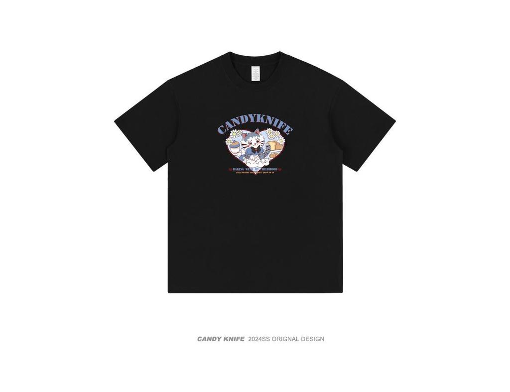 Lazy Style Pure Cotton Cute Kitten Short Sleeve Casual T-Shirt for Summer