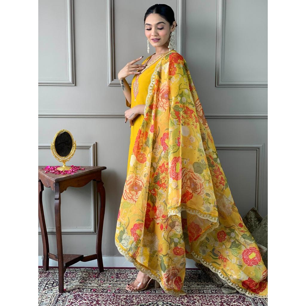 Women Bollywood Chanderi Kurti Indian Designer Top Tunic Kurta Pant Dupatta Set SC-2289