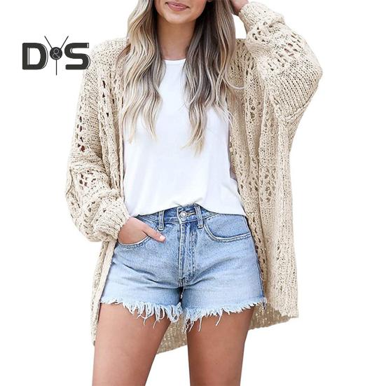 Women Knitted Coat Hollow Out Loose Long Sleeve Pure Color Knitwear Cardigan Mid Length Loose Elastic Spring Autumn Jacket