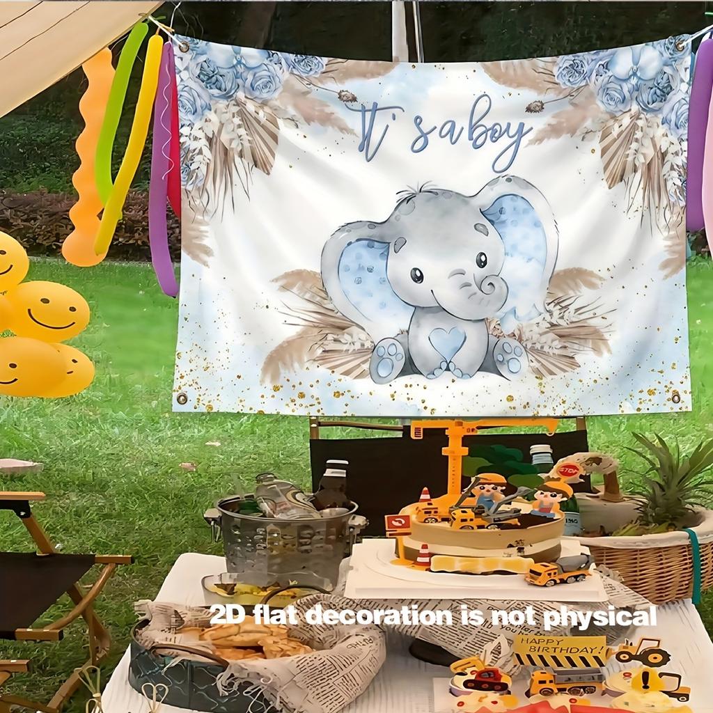 1 Piece of 2D Flat Banner - Bohemian-style Elephant Shower Backdrop Fabric - Blue Reed Grass Theme