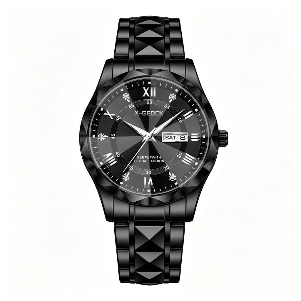 Men'S Business Fashion Round Dial Stainless Steel Quartz Luminous Watch Men'S Rhombus Glass Decorative Trend Watch