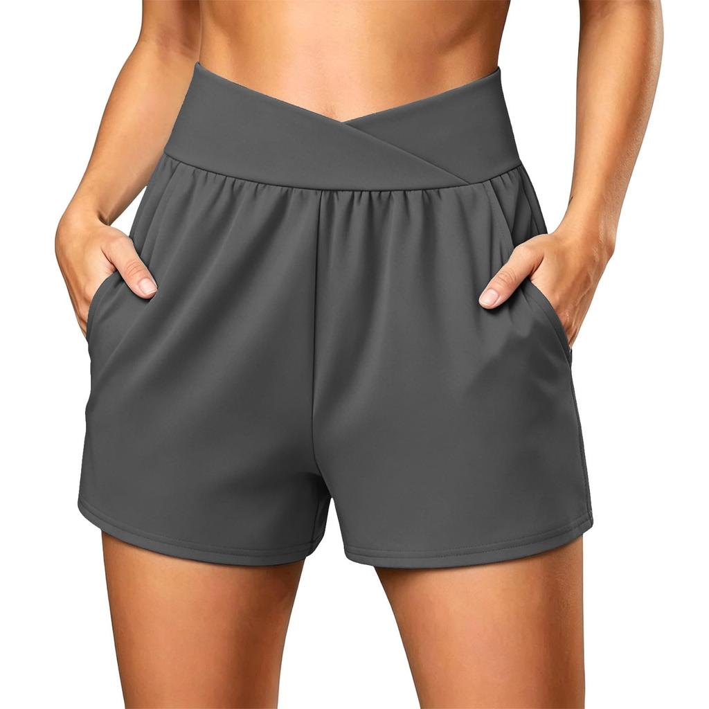 Women's Summer Casual Sport Yoga Shorts with High Waist Cross Waistband and Side Pockets Lightweight Breathable Fabric