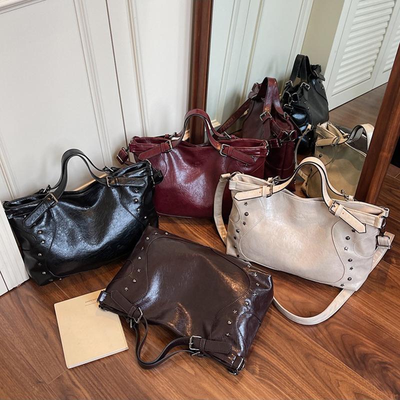 Women's Fashion Y2K Hot Girl Motorcycle Bag Vintage Solid Color Large Capacity Rivet Decor Shoulder Crossbody Bag CLE