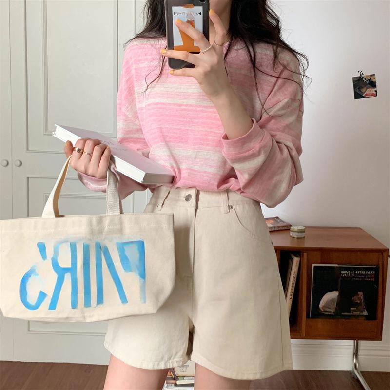 Harajuku T-shirt a righe a maniche lunghe da donna con scollo tondo Moda coreana T-shirt oversize Casual primavera Autunno grafica y2k Top T-shirt streetwear