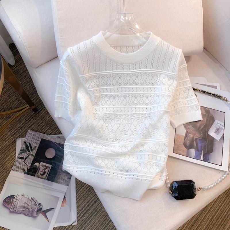 Summer Hollow Out Short Sleeve Knitted Casual T Shirts Women Temperament Chic O Neck Loose Women's T-shirt Tops Elegant Slim Fit Solid Lady Tee 26517