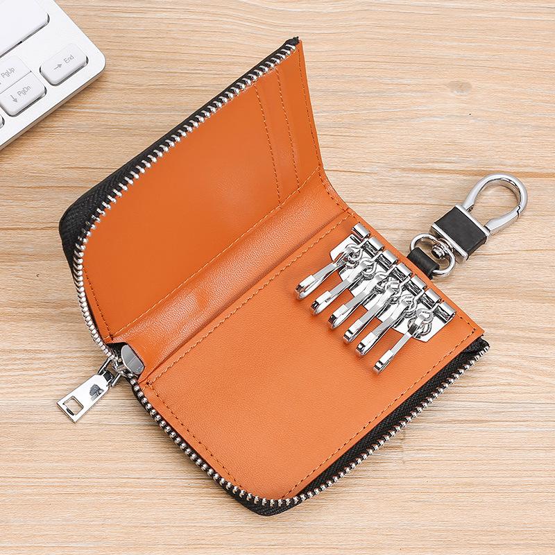 Multifunctional Leather Household Key Bag Men's and Women's Zipper Carbon Fiber Pattern Car Door Key Bag 2-in-1 Key Bag