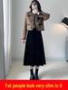 Black A-Line Golden Velvet Elastic Waist Mid-Length Skirt for Women - Plus Size, Spring/Autumn Fashion.