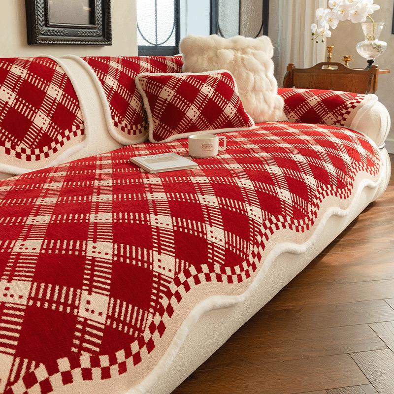 Red New Year Sofa Cushions Christmas Atmosphere Decoration Sofa Cover Autumn And Winter One-Piece Fixed Anti-Slip Warm Covers 90x70cm