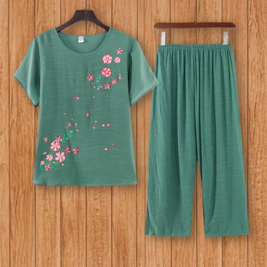 

2 шт / комплект пуловер широкая нога красивый плюс размер цветочная печать Ealstic талия пожилые дамы пижама среднего возраста набор