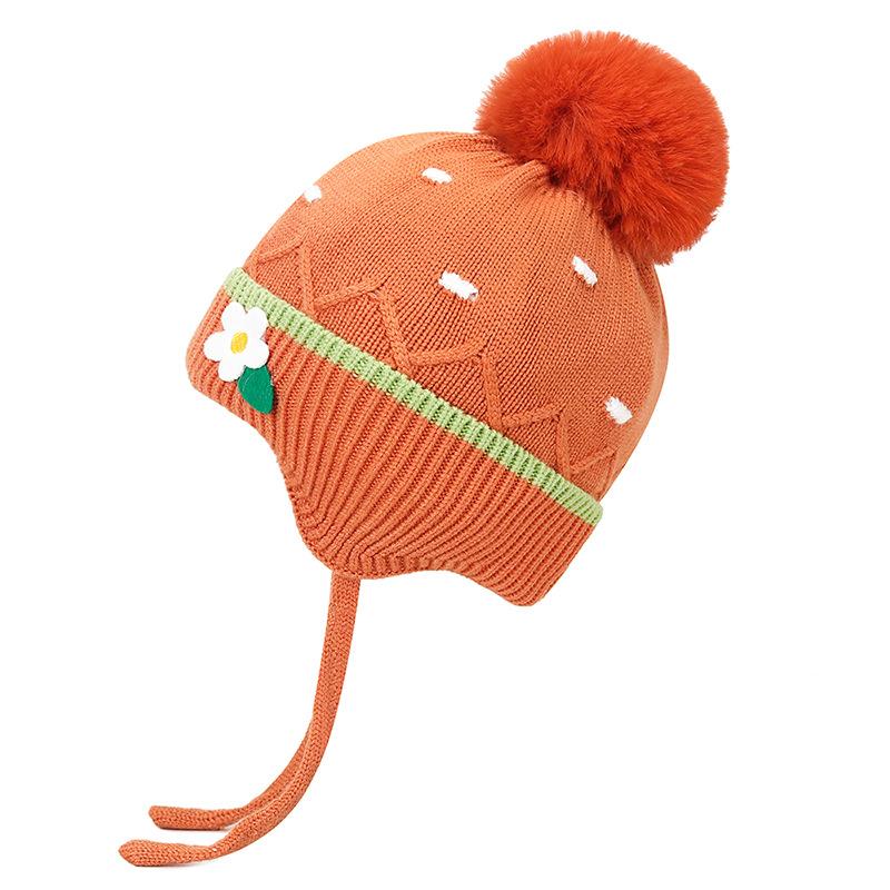 Bonnet en laine résistant au froid pour enfants, automne hiver, fille, épais et chaud, protection des oreilles, fleur, boule de cheveux, bonnet tricoté