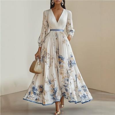 Damen-Langarm-Print-V-Ausschnitt Temperament Urlaubs-Mittelkleid kleiner Mann