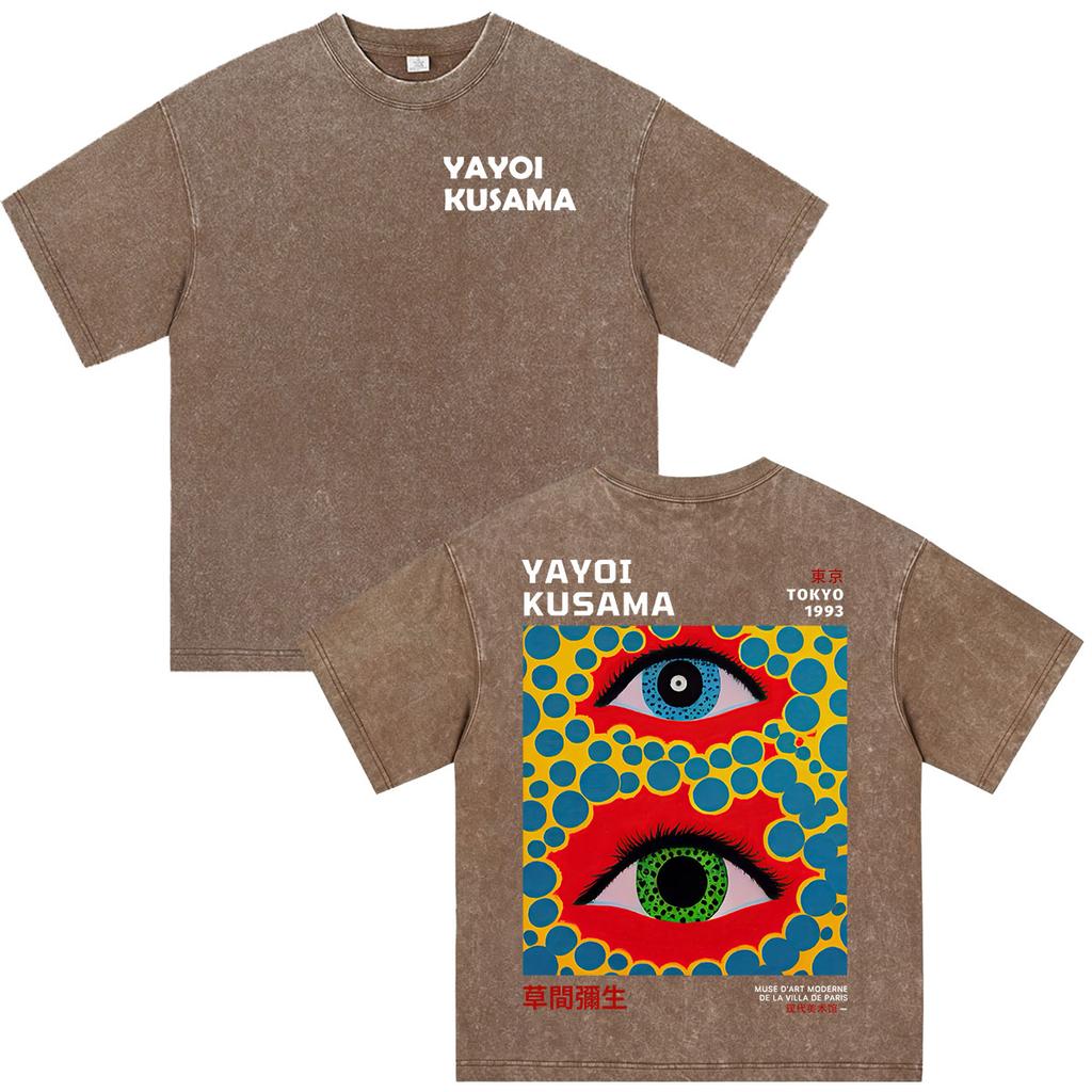 Japanese Artist Yayoi Kusama Pumpkin Eyes Art Show Vintage Washed T Shirt Unisex Unisex Clothing High Quality Short Sleeve Tshirt