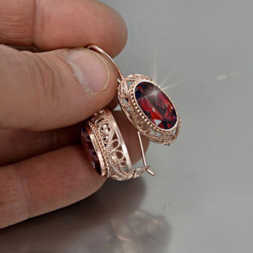 Vintage Open Filigree Oval Red Gem Leverback Drop Earrings Women Retro Ear Jewelry