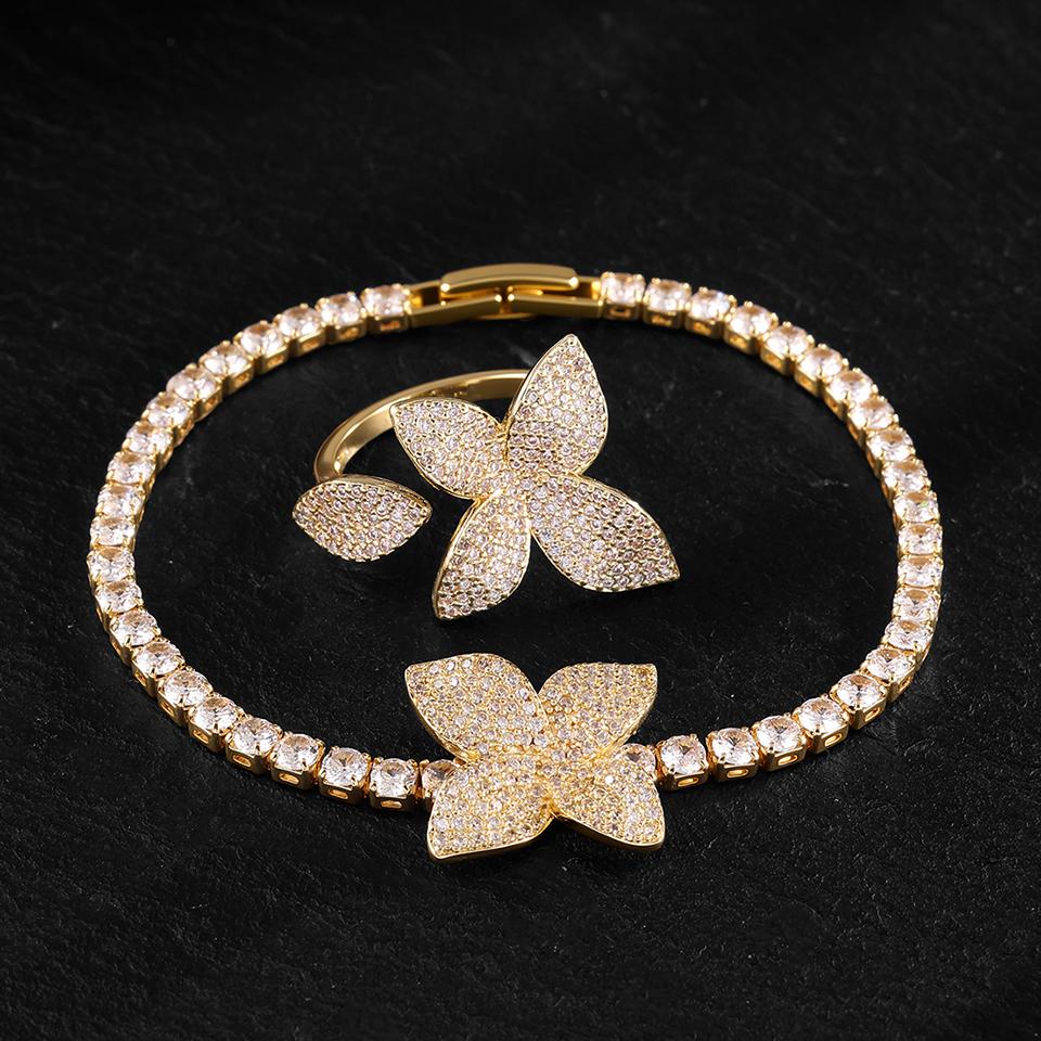 

ZAKOL Luxury Brilliant Full Micro-inlaid Zircon Leaf Flower Bracelet Ring for Women Buling CZ Engagement Wedding Party Zircon