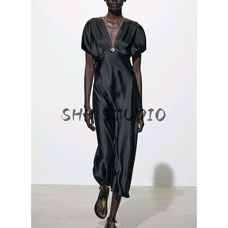 Summer New Product Women's Clothes French Style V-neck Elegant Long Silk Satin Texture Midi Skirt Dress 2330399