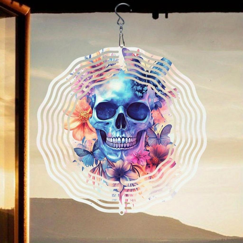 360° Rotating Wind Chime with Colorful Butterfly & Skull 2D Metal Art - Outdoor/Indoor Garden & Patio Decor, No Electricity Needed