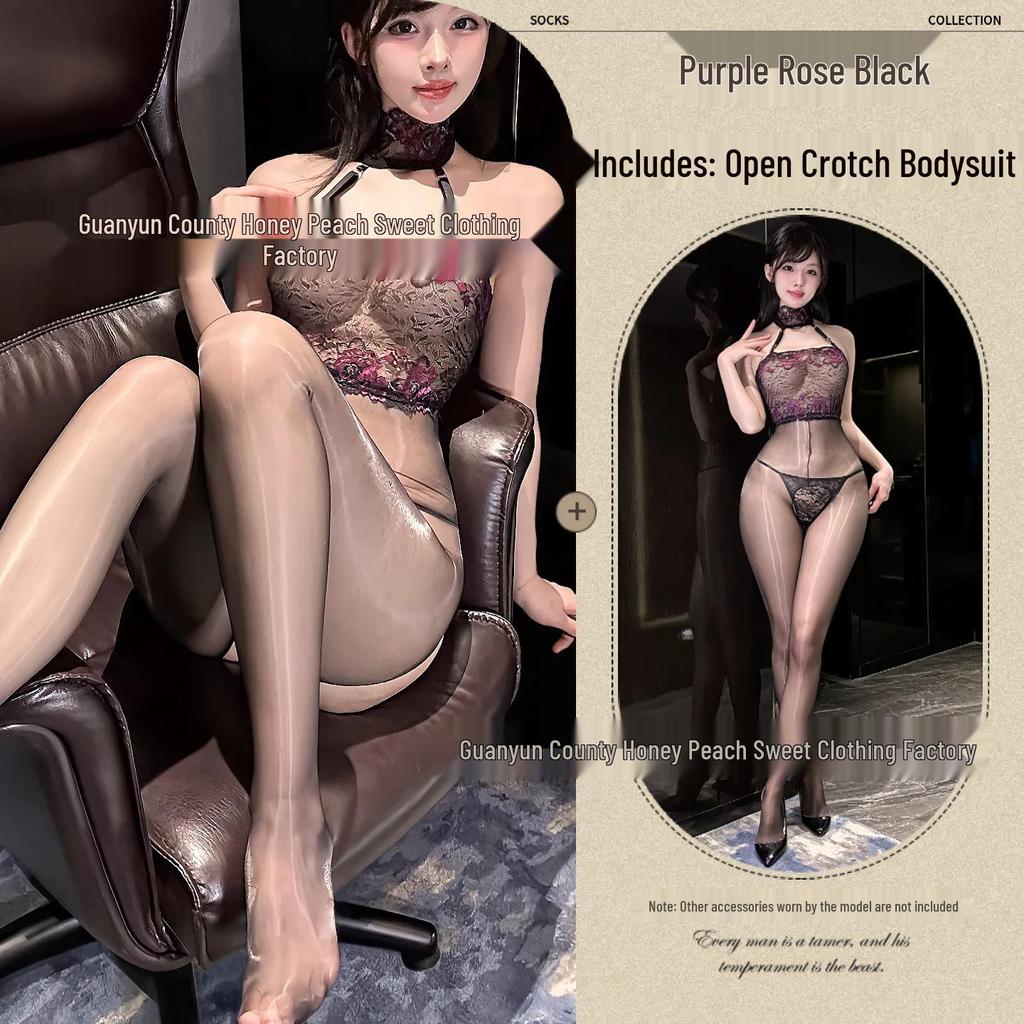 Aurora Sheer Open-Crotch Lace Halter Bodystocking - Silky Black