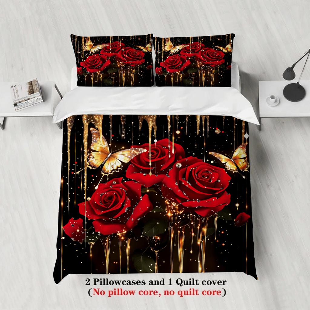 3pcs Full Size Duvet Cover Comforter Not Included For Couples Bedroom 3D Printed Romantic Floral Bedding Sets With 2 Pillowcases