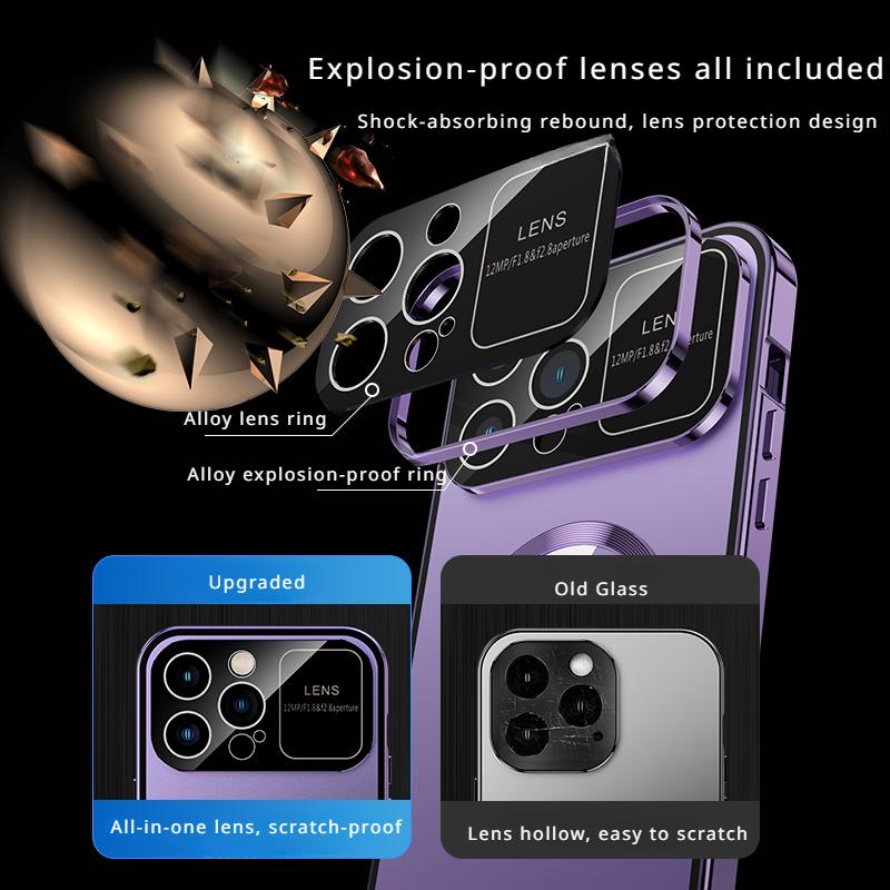 For IPhone 16 15 14 13 12 Pro Max Large Window Lens Protection Aluminum Metal Magnetic Case Shockproof Cover Screen Protector