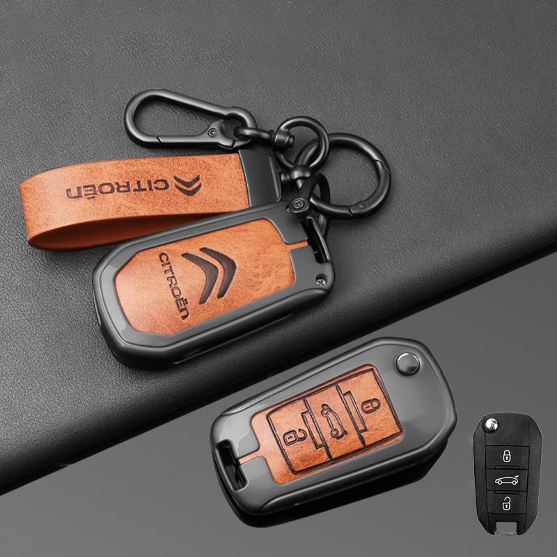 DBGO4 Leather Zinc Alloy Car Flip Key Case Cover Holder Shell Kerring For Citroen C3 C4 CACTUS C6 C8 Auto Key Protector Accessories