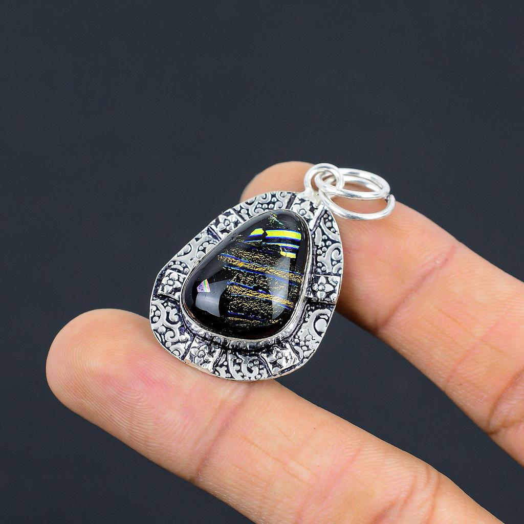 Natural American Dichroic Glass Gemstone Pendant 925 Sterling Silver Jewelry