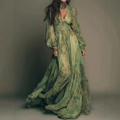 Women's Clothing Europe, America, Independent Station Hot-selling Pastoral Bohemian Print V-neck Long-sleeved Dress