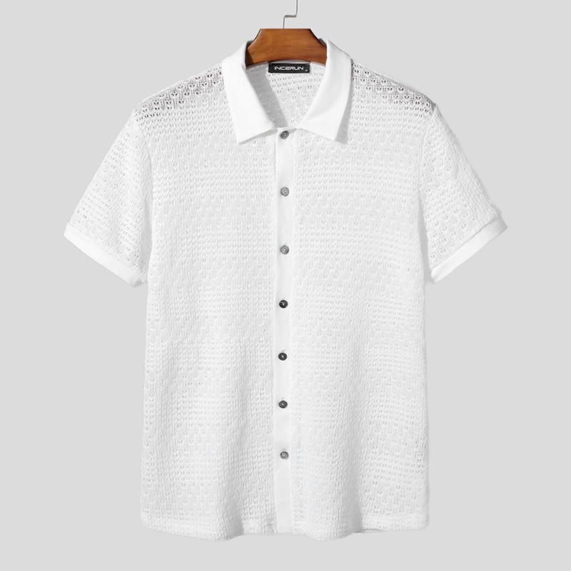 

INCERUN Men Lapel Short Sleeve Hollow Out Casual Loose Shirts Tops 5XL белый