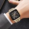 SKMEI Square Stylish Black Stainless Steel Arm Watch Waterproof Analog Business Casual Chronograph Big Face Watch Luxury Gift Gold Black Wach for Men