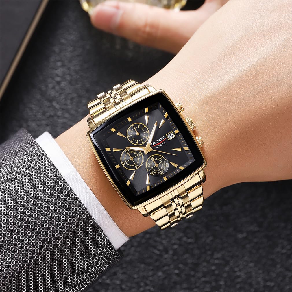 SKMEI Square Stylish Black Stainless Steel Arm Watch Waterproof Analog Business Casual Chronograph Big Face Watch Luxury Gift Gold Black Wach for Men