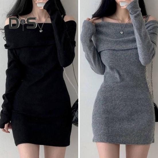 Women Knitting Tops Off Shoulder Long Sleeve Solid Color Slim Fit Pullover Tops Sexy Ribbed Long Blouse