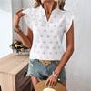 Ladies Summer Cap Sleeve Ruffles V Neck Hollow Embroidey Solid Color Pullover T Shirt Top