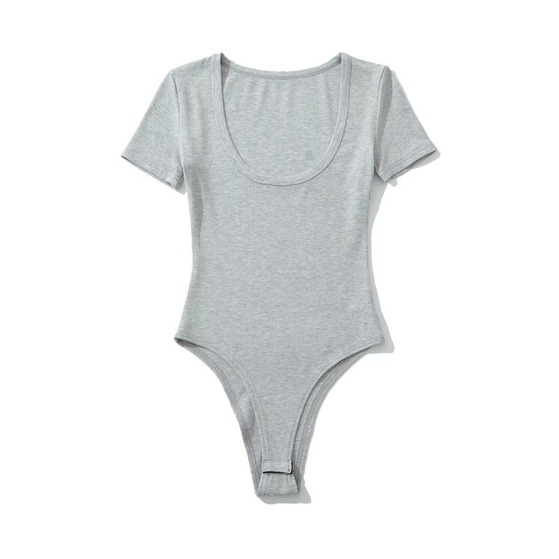 

Za2025 Summer New Women clothes Solid Versatile Comfortable Stretch Slim fit Slimming Low U-Neck Short sleeve Jumpsuit Gray M