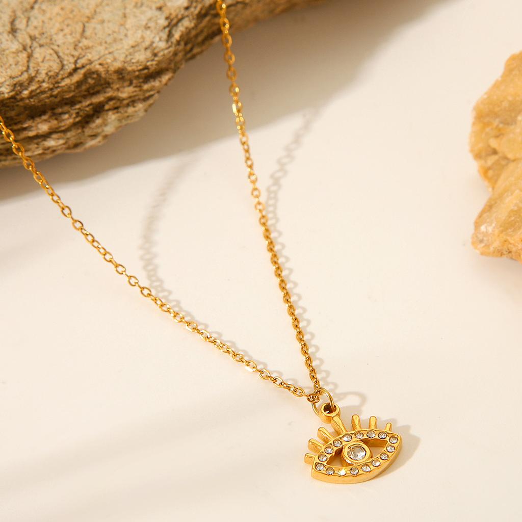 Titanium Steel Gold Plated Diamond Evil Eye Pendant Necklace Fashion Choker Jewelry