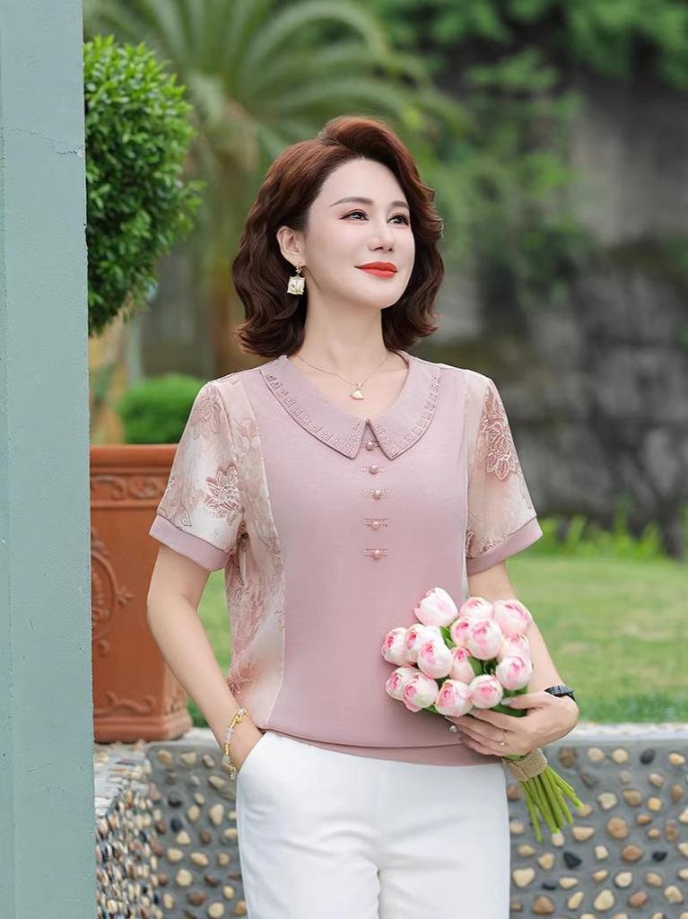 2026 Elegant Short-Sleeved Plus Size Set for Middle-Aged Women – Summer Chinese Style Loose Top Blouse