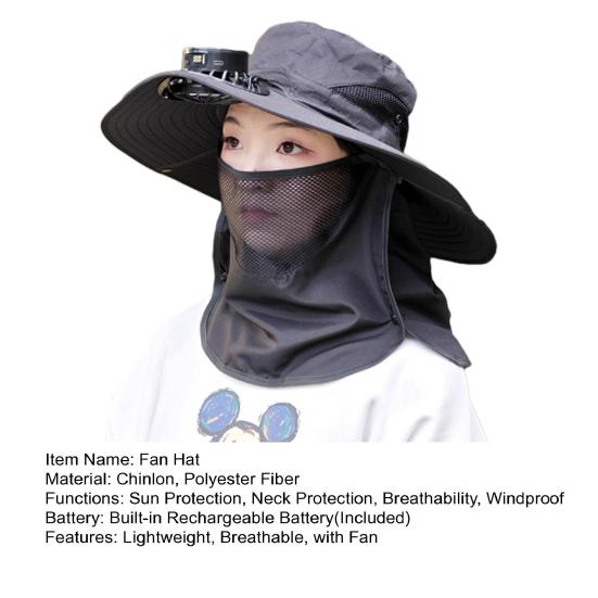 Solar-Ventilator-Hut mit Gesichtsschutz, Nackenklappe, LSF 50+, UV-Schutz, Hut mit Solar-Ventilator, wiederaufladbar über USB, atmungsaktiv, für Herren, Sommer, Outdoor, Angeln, breite Krempe