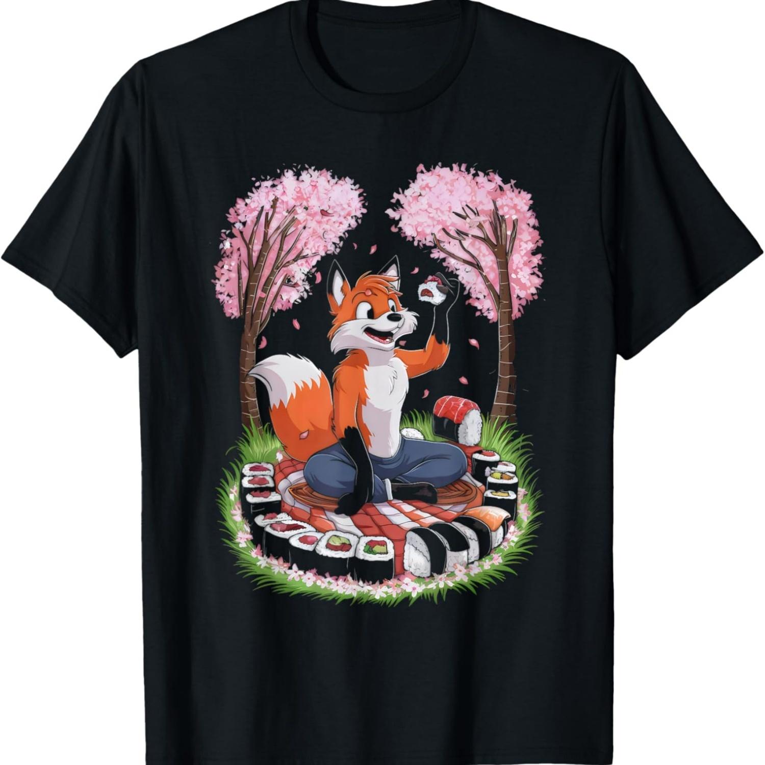Fox Eating Sushi  Style Kawai Manga Cherry Blossom T-Shirt S чёрный