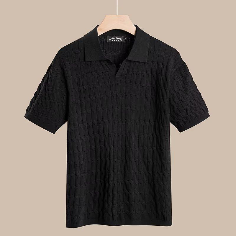 Men's Knitted Jacquard Polo Shirt Casual Stripe V Neck Solid Color Short Sleeve T Shirt Breathable Light Luxury Clothing