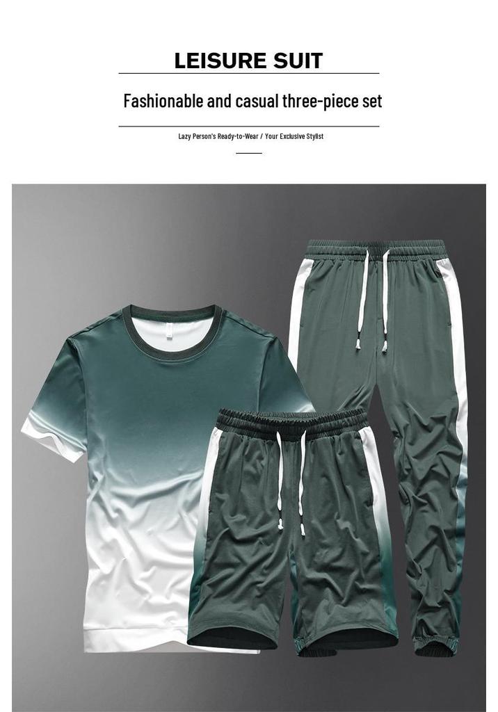 Men's Gradient Round Neck Short Sleeve T-shirt and Summer Shorts Casual Set.