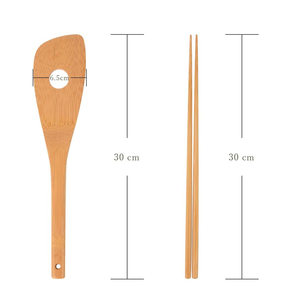 FSC TAKEMI Bamboo Spatula and Chopsticks Set Includes Slotted and Chopping Certified (2-Piece Set) 30cm, Spatula, Chopsticks, Chopsticks, TM-SC2
