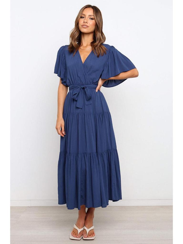 Böhmisches V-Ausschnitt Druck Kurzarm Taillenbetontes Langes Kleid Verfügbar